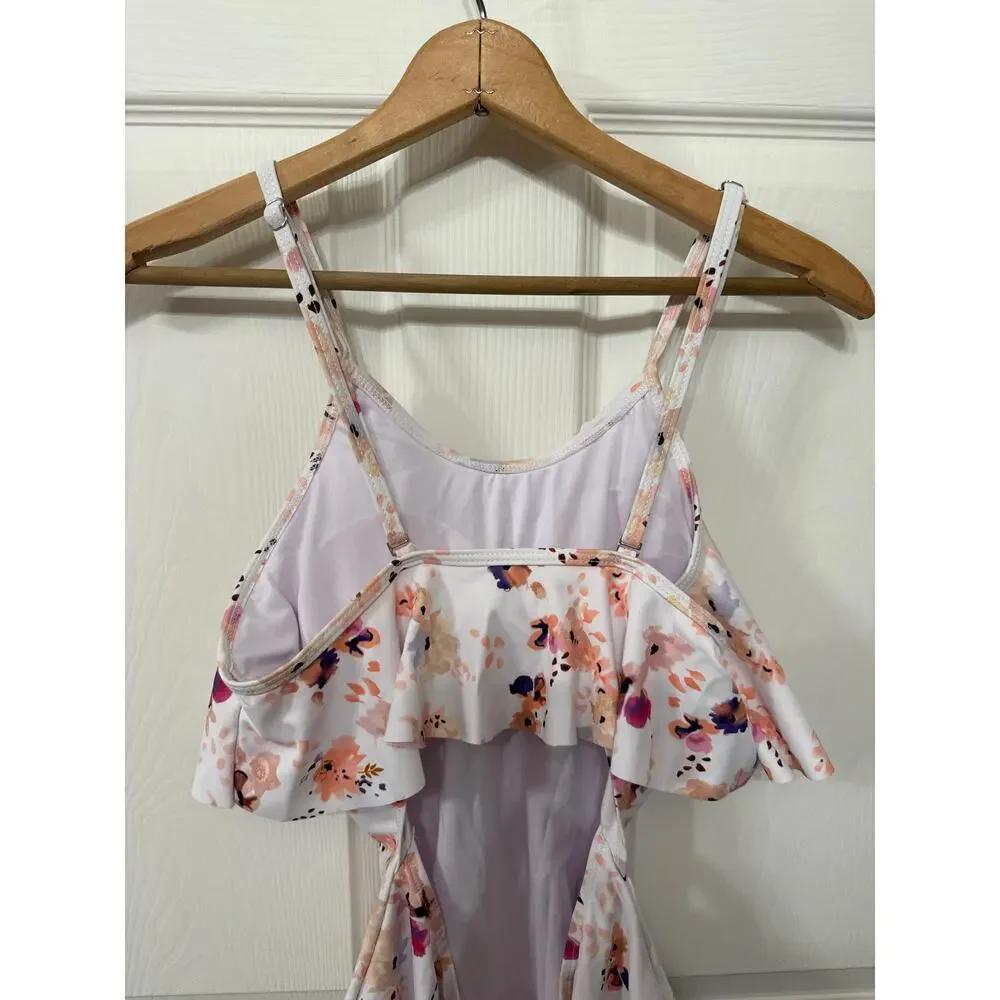 Beachsissi Floral Flounce Off Shoulder Ruffled Monokini One Piece Swimsuit, M